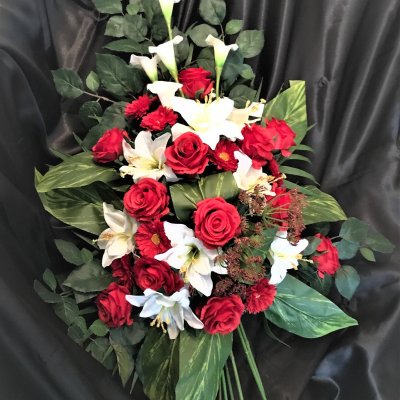 Petit couvre-cercueil - fleurs en tiges - rouge et blanc
